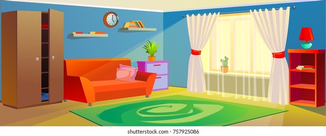Vector cozy interior of the room with wardrobe, sofa