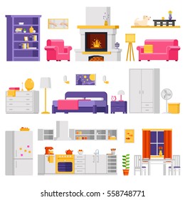 Vector cozy interior set of furniture and room elements in flat design for infographic design and banners. Comfortable furniture for living room, kitchen, dining room and bedroom vector illustration