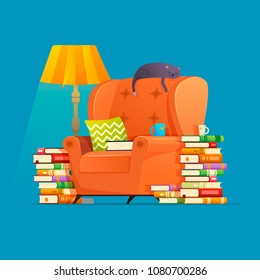 Vector cozy living room furniture armchair with books and cat character lying and resting on armchair vintage. Interior element of home library. Illustration reading books, hobbies book lover