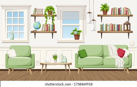 Vector Cozy Living Room Interior With A Sofa, An Armchair, A Table And Bookshelves.