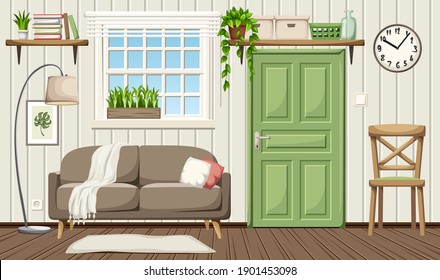 Vector cozy living room interior with a sofa, a chair, floor lamp and houseplants.