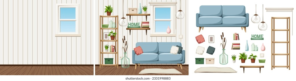 Vector cozy living room interior with a sofa, a shelving, and houseplants. Empty room and furniture set. Interior constructor. Cartoon vector illustration