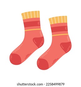 Vector cozy pair of red and yellow socks with ornaments. Knitted warm clothes. Woolen warm socks.