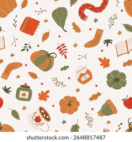 Vector cozy pattern with pumpkins, cup, scarf, book and leaves. Autumn pattern. Cozy autumn