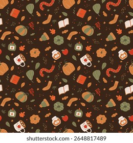 Vector cozy pattern with pumpkins, cup, scarf, book and leaves. Autumn pattern. Cozy autumn