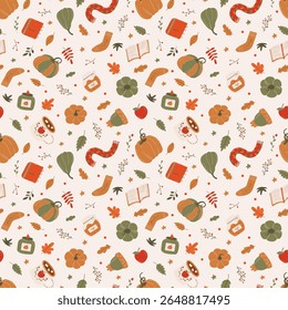 Vector cozy pattern with pumpkins, cup, scarf, book and leaves. Autumn pattern. Cozy autumn