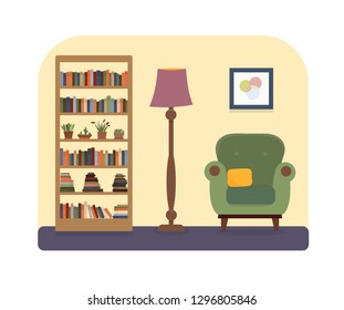 Vector. Cozy reading room: bookcase with books and plants, lamp, armchair with pillow, painting hanging on the wall. Flat cartoon style vector illustration. EPS10 Vector.