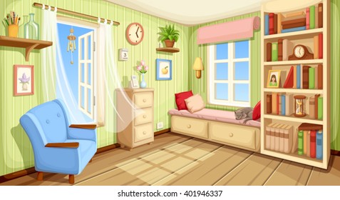 Vector cozy room interior with bookcase, couch and armchair.