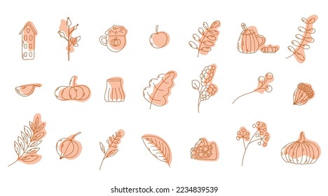 Vector cozy stickers collection: leaf, jar, physalis, acorn, house, branch, cups, apples, pumpkins, house, pie. Outline illustrations.