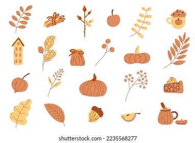 Vector cozy stickers collection: leaf, jar, physalis, acorn, house, branch, cups, apples, pumpkins, house, pie. Outline illustrations.