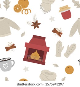 Vector cozy winter seamless pattern with chimney and fire. Warming objects background. Items for cold season. Texture with food, drinks, spices and clothes to warm up