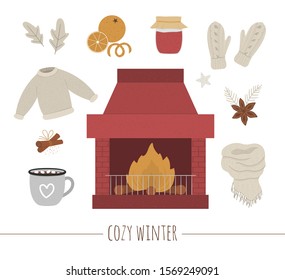 Vector cozy winter set with chimney and fire in the center. Warming objects illustration. Items for cold season. Food, drinks, spices and clothes to warm up isolated on white background