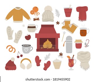 Vector cozy winter set with chimney and fire in the center. Warming objects illustration. Items for cold season. Food, drinks, spices and clothes to warm up isolated on white background.
