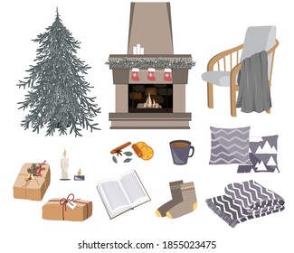 Vector cozy winter set with fireplace, chair, gifts, pillows, and other hygge things. Warming objects illustration. Items for cold season isolated on white background.