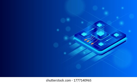Vector CPU chip. Central processor unit isometric illustration. Microprocessor with lights on the blue background. Big data processing and machine learning concept.