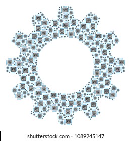 Vector CPU circuit icons are combined into gear wheel illustration. Equipment design concept constructed of CPU circuit objects.