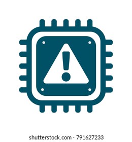 Vector CPU icon with alert sign. Concept of cyber security and Meltdown and Spectre critical vulnerabilities in modern processors. Monochrome flat image
