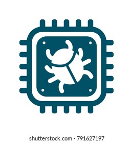 Vector CPU icon with computer bug sign. Concept of cyber security and Meltdown and Spectre critical vulnerabilities in modern processors. Monochrome flat image