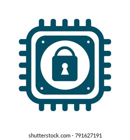 Vector CPU icon with lock sign. Concept of cyber security and Meltdown and Spectre critical vulnerabilities in modern processors. Monochrome flat image