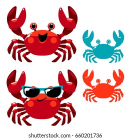 Vector crab character and silhouette symbol isolated on white background.