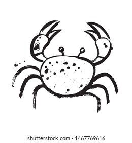 Vector crab. Hand painted black ink illustration isolated on white. Sea life character in trendy doodle cartoon sketch style. Splashes, brush strokes. Perfect for logotype, branding, stationery design