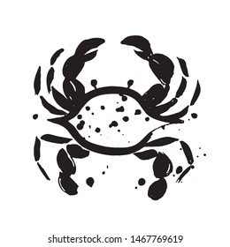 Vector crab. Hand painted black ink illustration isolated on white. Sea life character in trendy doodle cartoon sketch style. Splashes, brush strokes. Perfect for logotype, branding, stationery design