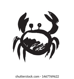 Vector crab. Hand painted black ink illustration isolated on white. Sea life character in trendy doodle cartoon sketch style. Splashes, brush strokes. Perfect for logotype, branding, stationery design