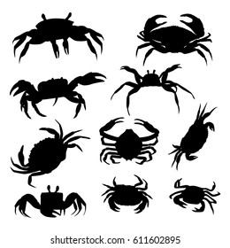 Vector crab silhouette. Crabs of different shapes and sizes isolated on white background.