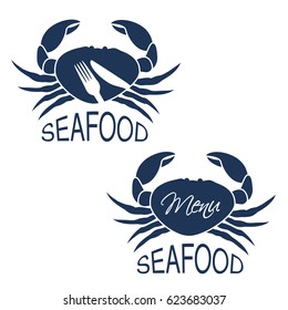 Vector crab silhouette with symbol of menu and symbol of knife, fork. Seafood symbols isolated on white background for produkt design or menu restaurant.
