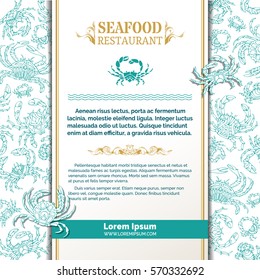 Vector crabs background. Seafood blue and gold menu template. There is place on white vertical paper for your text.