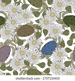 Vector Krabben Blüten in blau violett braun grün, auf weißem Hintergrund platziert Nahtlose Wiederholung Muster. Hintergrund für Textilien, Karten, Herstellung, Wallpaper, Druck, Geschenkpackung und Scrapbooking.