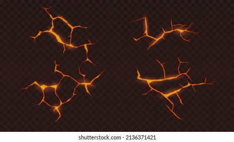 Textura de grieta vectorial con lava brillante. Plantilla aislada en fondo transparente.