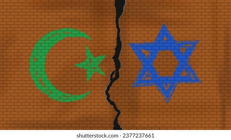 Vector cracked brick spotted wall with painted grunge style paint, Muslim and Jewish symbols. Green crescent with a five-pointed star and the Star of David. Conflict and crisis.