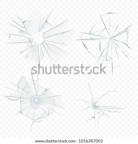 Vector Cracked crushed realistic glass set on the transperant alpha background. Bullet glass hole.