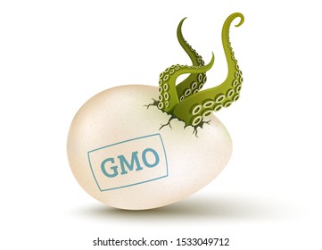 Vector cracked egg with aliens green tentacles. Vector 3D illustration of a egg with mutant green tentacles. GMO product.