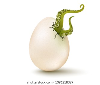 Vector cracked egg with aliens tentacles. Vector 3D illustration of a egg with mutant green tentacles. GMO product