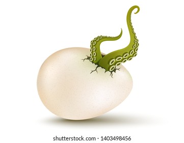 Vector cracked egg with aliens tentacles. Vector 3D illustration of a egg with mutant green tentacles. GMO product
