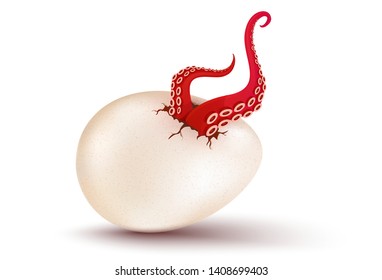 Vector cracked egg with aliens tentacles. Vector 3D illustration of a egg with mutant green tentacles. GMO product
