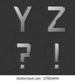 Vector cracked silver metal retro alphabet. Question-mark, exclamation mark,  Y, Z letters