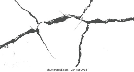 Grietas de Vector, roturas en la superficie terrestre por el terremoto. Pared gris negro blanco, piso con grietas, fondo de textura.

