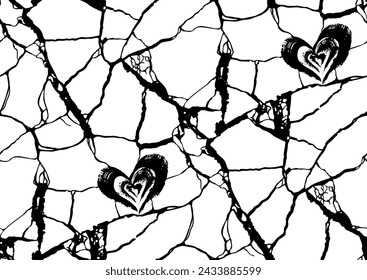 Vector cracks and hearts seamless pattern, kintsugi art concept, black and white colors