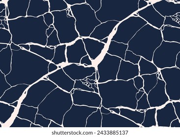 Vector cracks seamless pattern, kintsugi art concept. Deep blue, white colors