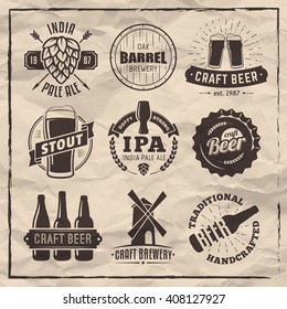 Vector craft beer badges and logos. Set of retro beer labels on vintage paper background.