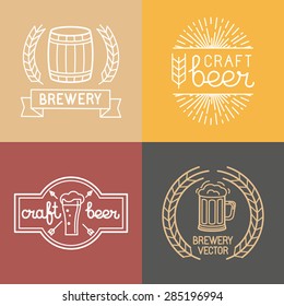 Vector craft beer and brewery logos and labels in linear style - mono line badges and emblems with text and lettering for bars and  brewing companies