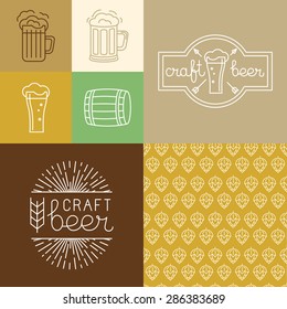 Vector craft beer and brewery logos and design elements in linear style - mono line badges, icons and seamless patterns for brewing companies