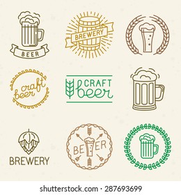 Vector craft beer and brewery logos and signs in trendy linear style - mono line badges and emblems with text and lettering for beer houses,  pubs and  brewing companies