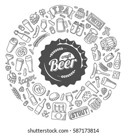 Vector craft beer doodle poster. Hand drawn beer glasses, mugs, bottles, snacks, ingredients and accessories. Round composition of cartoon objects.