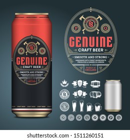 Vector Craft Beer Label. Realistic Aluminium Can Mockup. Brewing Company Branding And Identity Icons, Badges, Insignia And Design Elements