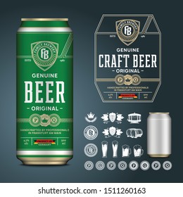 Vector craft beer label. Realistic aluminium can mockup. Brewing company branding and identity icons, badges, insignia and design elements