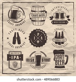 Vector craft beer labels and logos. Set of retro beer badges on vintage paper background.